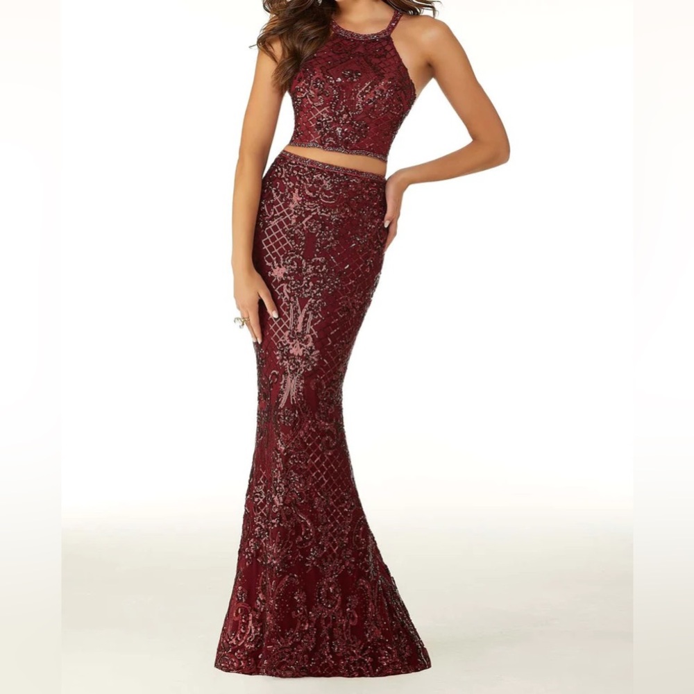 Morilee #45038, two piece sequin fit and flare in wine